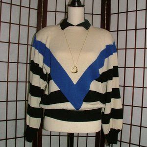 St. John Separates, Sweater Top in White, Black and Blue, Size Large